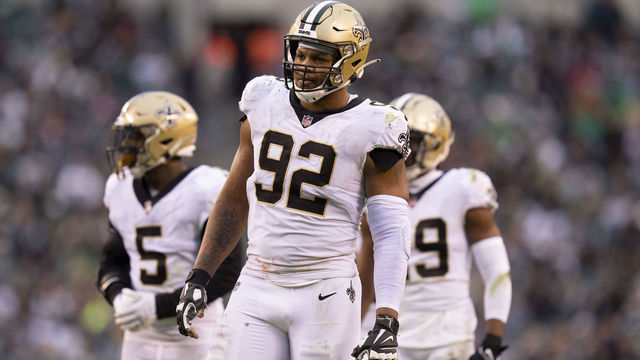 PHILADELPHIA, PA - NOVEMBER 21: Marcus Davenport #92 of the New Orleans Saints looks on against the Philadelphia Eagles at Lincoln Financial Field on November 21, 2021 in Philadelphia, Pennsylvania.