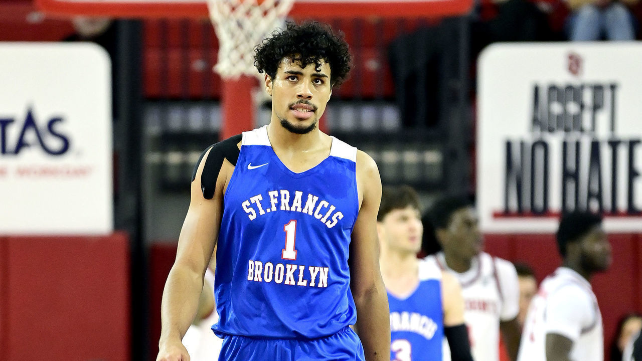 NEW YORK, NEW YORK - NOVEMBER 23: Patrick Emilien #1 of the St. Francis Brooklyn Terriers looks on against the St. John's Red Storm at Carnesecca Arena on November 23, 2021 in New York City.