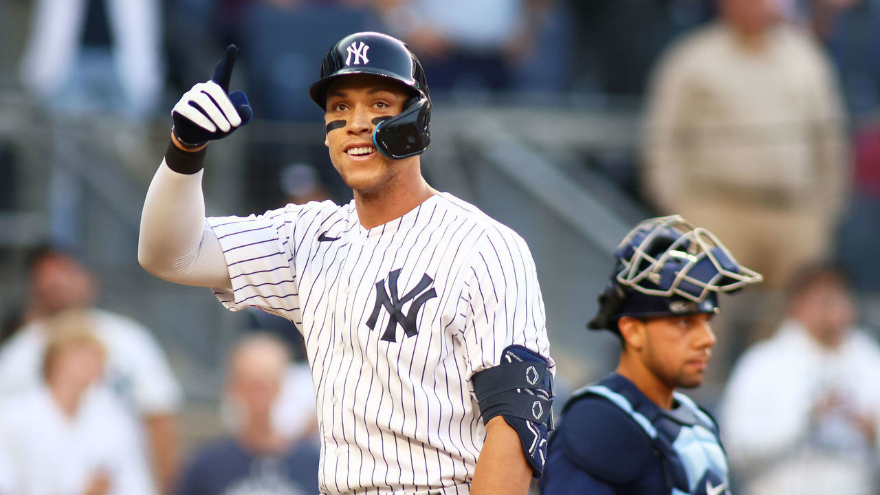 NEW YORK, NEW YORK - JUNE 15: Aaron Judge #99 of the New York Yankees celebrates after hitting a first inning home run against the Tampa Bay Rays at Yankee Stadium on June 15, 2022 in the Bronx borough of New York City.