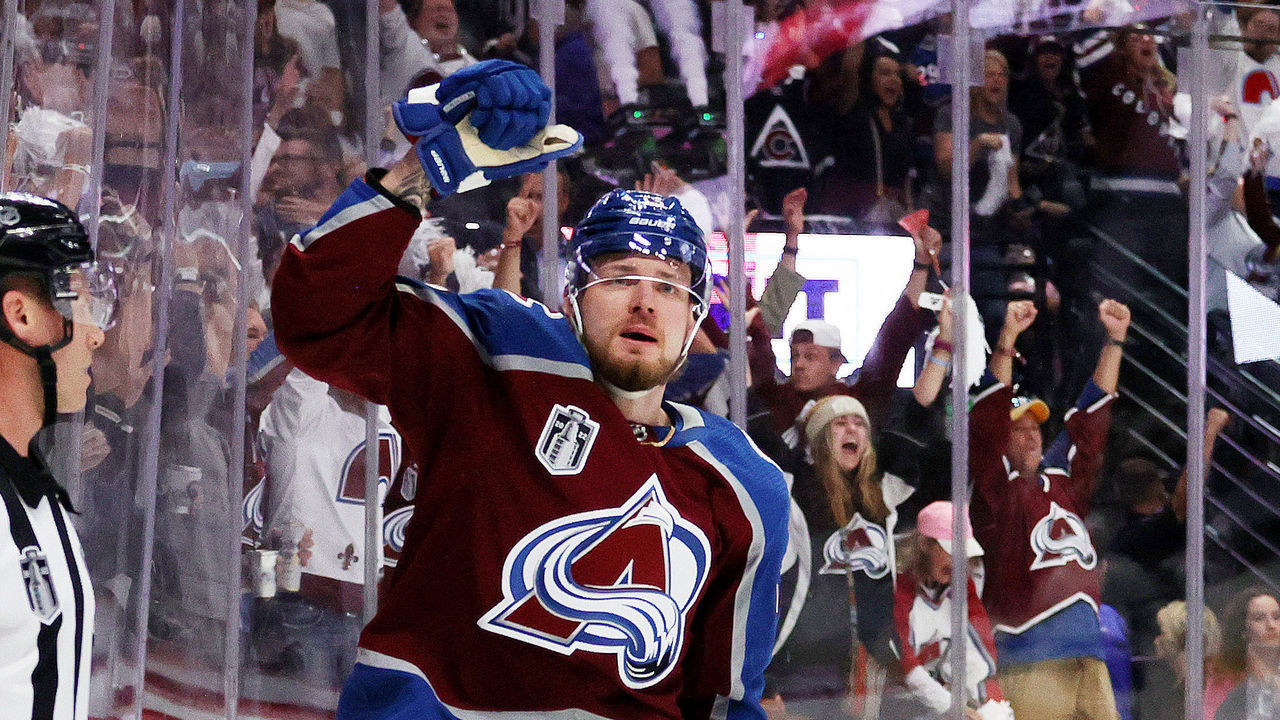 DENVER, COLORADO - JUNE 15: Valeri Nichushkin #13 of the Colorado Avalanche celebrates a goal against the Tampa Bay Lightning in Game One of the 2022 Stanley Cup Final at Ball Arena on June 15, 2022 in Denver, Colorado.