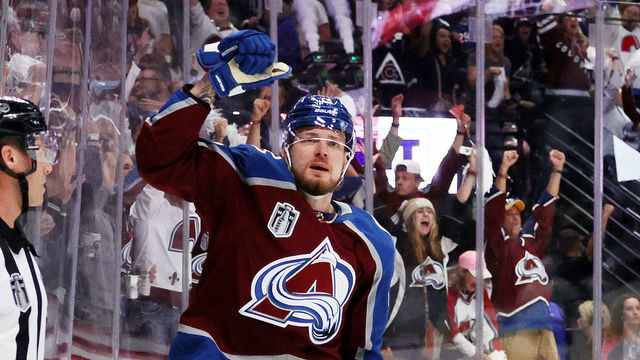 DENVER, COLORADO - JUNE 15: Valeri Nichushkin #13 of the Colorado Avalanche celebrates a goal against the Tampa Bay Lightning in Game One of the 2022 Stanley Cup Final at Ball Arena on June 15, 2022 in Denver, Colorado.