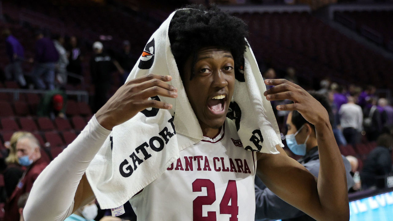 LAS VEGAS, NEVADA - MARCH 06: Jalen Williams #24 of the Santa Clara Broncos celebrates on the court after the team's 91-67 victory over the Portland Pilots during the West Coast Conference basketball tournament quarterfinals at the Orleans Arena early on March 06, 2022 in Las Vegas, Nevada.