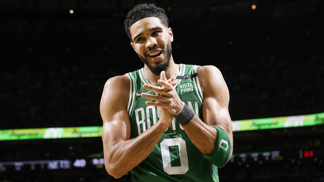 BOSTON, MA - APRIL 20: Jayson Tatum #0 of the Boston Celtics celebrates during Round 1 Game 2 of the 2022 NBA Playoffs against the Brooklyn Nets on April 20, 2022 at the TD Garden in Boston, Massachusetts. Mandatory Copyright Notice: Copyright 2022 NBAE