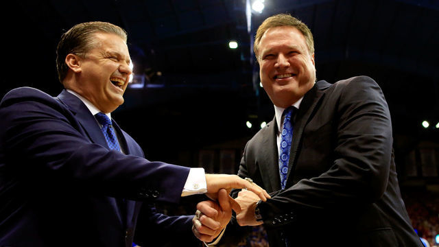LAWRENCE, KS - JANUARY 30: Head coach John Calipari of the Kentucky Wildcats and head coach Bill Self of the Kansas Jayhawks greet each other prior to the game at Allen Fieldhouse on January 30, 2016 in Lawrence, Kansas.