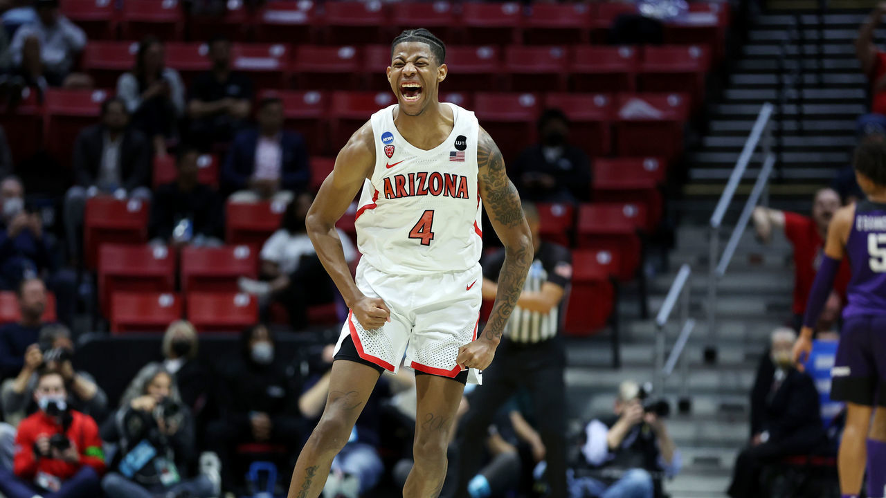 SAN DIEGO, CALIFORNIA - MARCH 20: Dalen Terry #4 of the Arizona Wildcats celebrates after an "and one" call during the first half against the TCU Horned Frogs in the second round game of the 2022 NCAA Men's Basketball Tournament at Viejas Arena at San Diego State University on March 20, 2022 in San Diego, California.