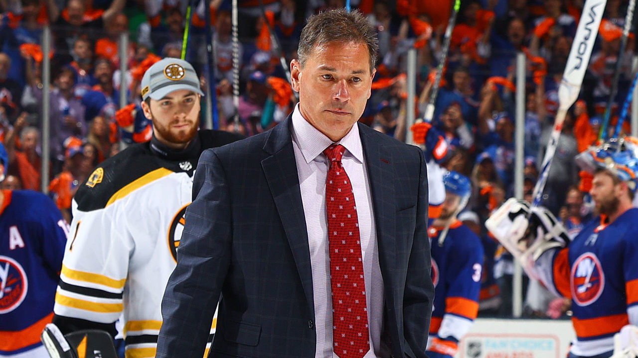 UNIONDALE, NEW YORK - JUNE 09: Head coach Bruce Cassidy of the Boston Bruins walks off the ice after his teams 6-2 loss to the New York Islanders in Game Six of the Second Round of the 2021 Stanley Cup Playoffs at Nassau Coliseum on June 09, 2021 in Uniondale, New York.