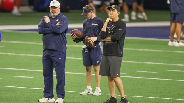 FRISCO, TX - JUNE 02: Dallas Cowboys head coach Mike McCarthy and offensive coordinator Kellen Moore look on during the Dallas Cowboys OTA Offseason Workouts on June 2, 2022 at The Star in Frisco, TX.