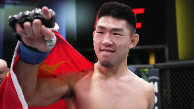 LAS VEGAS, NEVADA - MARCH 12: Song Yadong of China reacts after his knockout victory over Marlon Moraes of Brazil in their bantamweight fight during the UFC Fight Night event at UFC APEX on March 12, 2022 in Las Vegas, Nevada.
