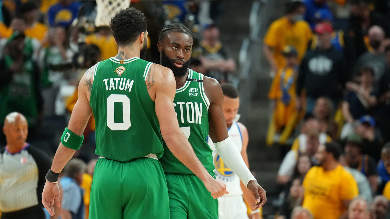 SAN FRANCISCO, CA - JUNE 2: Jayson Tatum #0 of the Boston Celtics high fives Jaylen Brown #7 of the Boston Celtics during Game One of the 2022 NBA Finals on June 2, 2022 at Chase Center in San Francisco, California. NOTE TO USER: User expressly acknowledges and agrees that, by downloading and or using this photograph, user is consenting to the terms and conditions of Getty Images License Agreement. Mandatory Copyright Notice: Copyright 2022 NBAE