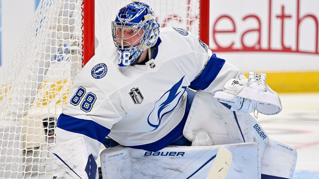 DENVER, CO - JUNE 15: Tampa Bay Lightning goaltender Andrei Vasilevskiy (88) defends the goal during a Stanley Cup Finals game between the Tampa Bay Lightning and the Colorado Avalanche at Ball Arena in Denver, Colorado on June 15, 2022.
