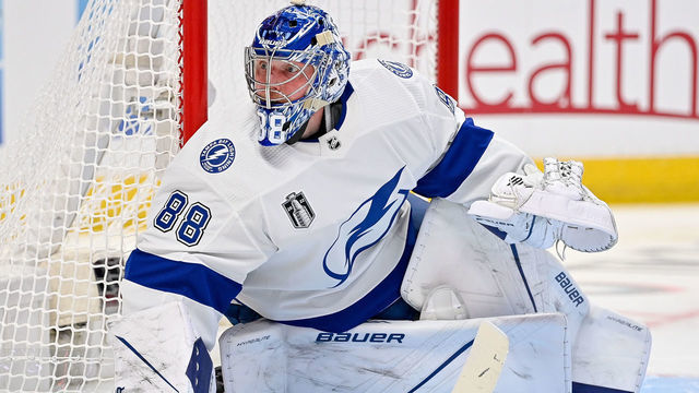 DENVER, CO - JUNE 15: Tampa Bay Lightning goaltender Andrei Vasilevskiy (88) defends the goal during a Stanley Cup Finals game between the Tampa Bay Lightning and the Colorado Avalanche at Ball Arena in Denver, Colorado on June 15, 2022.