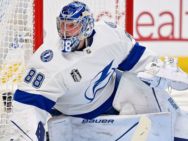 DENVER, CO - JUNE 15: Tampa Bay Lightning goaltender Andrei Vasilevskiy (88) defends the goal during a Stanley Cup Finals game between the Tampa Bay Lightning and the Colorado Avalanche at Ball Arena in Denver, Colorado on June 15, 2022.