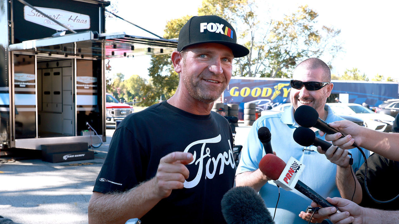 WINSTON SALEM, NORTH CAROLINA - OCTOBER 26: Clint Bowyer speaks to the media after a testing session with the NASCAR Next Gen car at Bowman Gray Stadium on October 26, 2021 in Winston Salem, North Carolina.