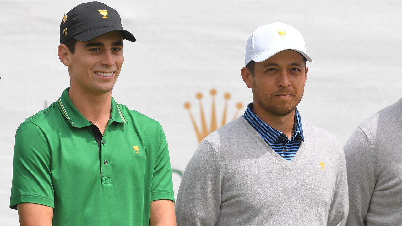 VICTORIA , AUSTRALIA - DECEMBER 13: International Team players Adam Hadwin of Canada, Joaquin Niemann of Chile, with U.S. Team players Xander Schauffele and Patrick Cantlay are seen on the first tee during the second round foursome matches of the Presidents Cup at The Royal Melbourne Golf Club on December 13, 2019, in Victoria , Australia.