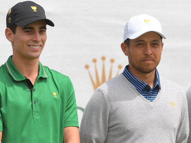 VICTORIA , AUSTRALIA - DECEMBER 13: International Team players Adam Hadwin of Canada, Joaquin Niemann of Chile, with U.S. Team players Xander Schauffele and Patrick Cantlay are seen on the first tee during the second round foursome matches of the Presidents Cup at The Royal Melbourne Golf Club on December 13, 2019, in Victoria , Australia.