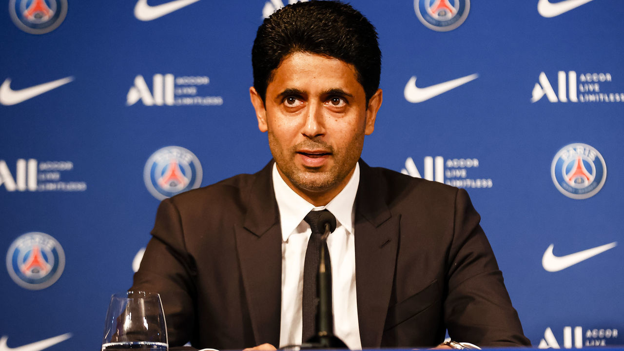 PARIS, FRANCE - MAY 23: Nasser Al-Khelaifi talks during the Press Conference of Paris Saint-Germain at Parc des Princes on May 23, 2022 in Paris, France.