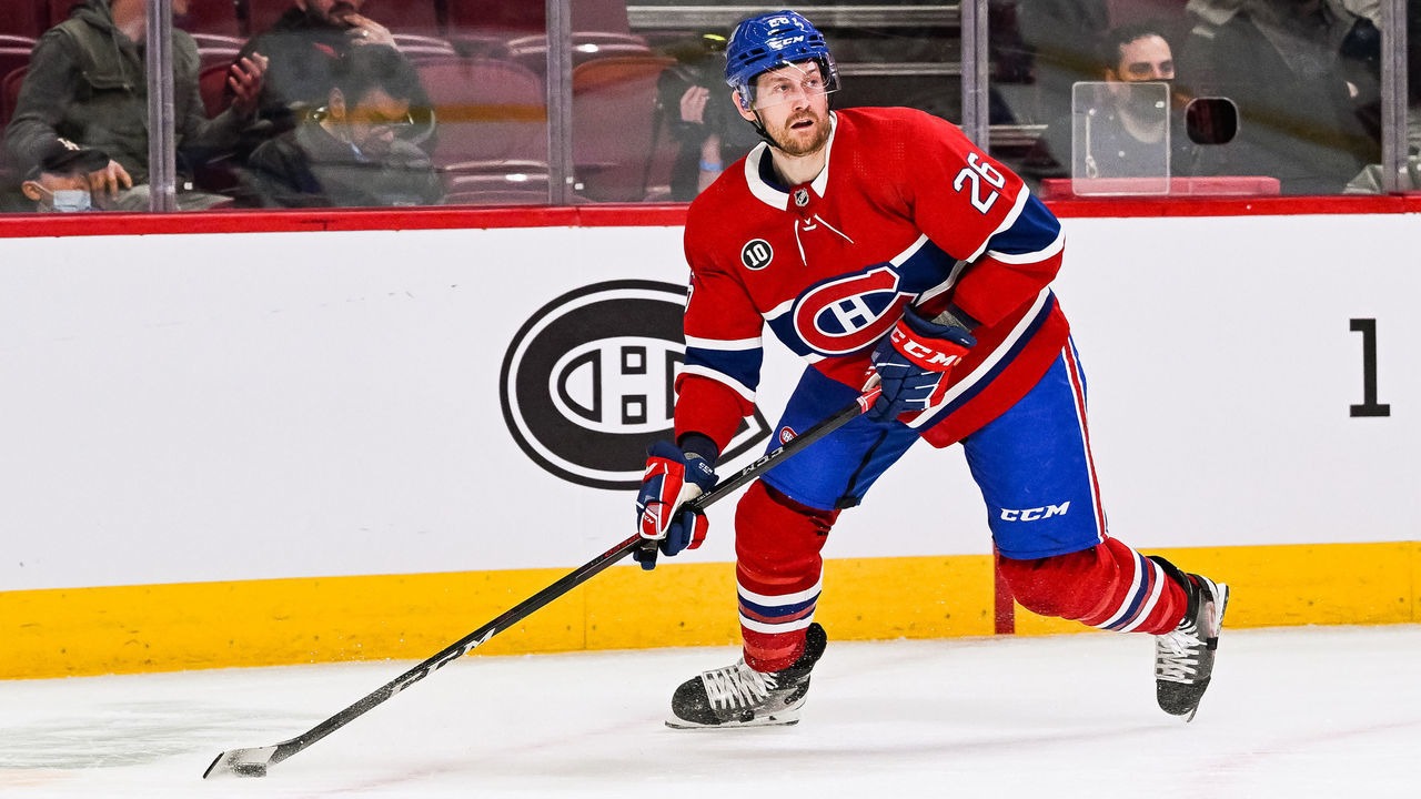 MONTREAL, QC - APRIL 24: Montreal Canadiens defenceman Jeff Petry (26) plays the puck during the Boston Bruins versus the Montreal Canadiens game on April 24, 2022 at Bell Centre in Montreal, QC