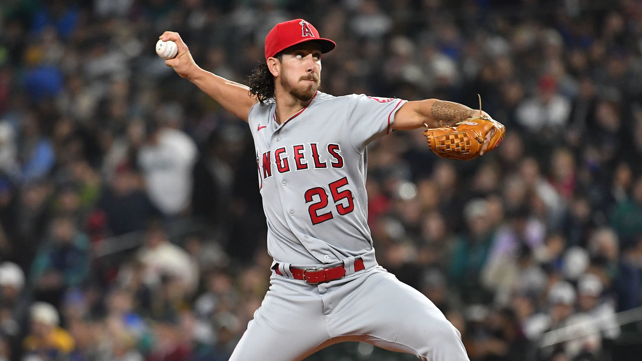 SEATTLE, WASHINGTON - JUNE 17: Michael Lorenzen #25 of the Los Angeles Angels throws a pitch during the first inning against the Seattle Mariners at T-Mobile Park on June 17, 2022 in Seattle, Washington.