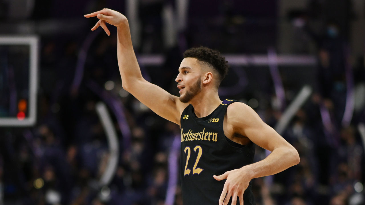 EVANSTON, ILLINOIS - JANUARY 29: Pete Nance #22 of the Northwestern Wildcats reacts after making a three point basket in the second half against the Illinois Fighting Illini at Welsh-Ryan Arena on January 29, 2022 in Evanston, Illinois.