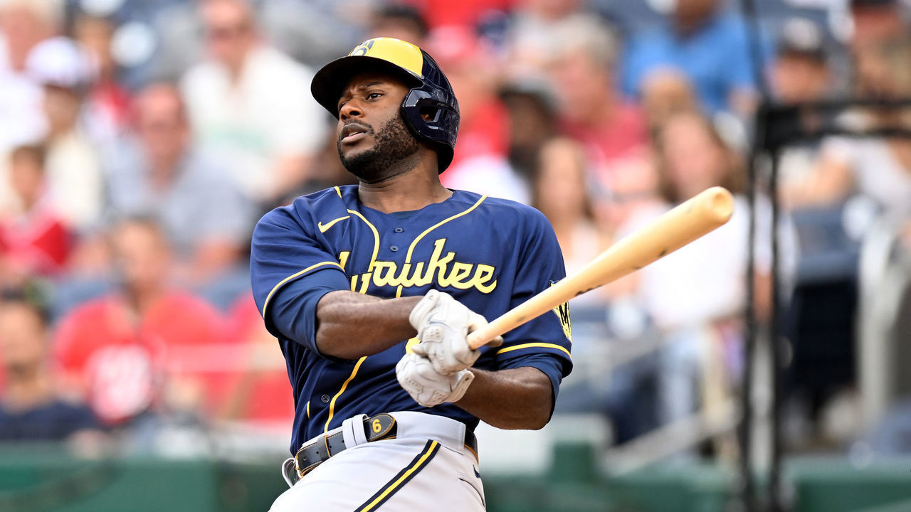 WASHINGTON, DC - JUNE 11: Lorenzo Cain #6 of the Milwaukee Brewers bats against the Washington Nationals at Nationals Park on June 11, 2022 in Washington, DC.