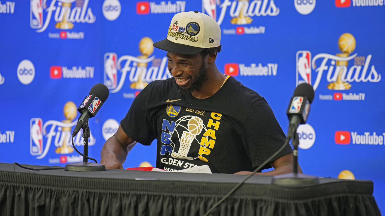 BOSTON, MA - JUNE 16: Andrew Wiggins #22 of the Golden State Warriors speaks to the media during a press conference after winning Game Six of the 2022 NBA Finals against the Boston Celtics on June 16, 2022 at TD Garden in Boston, Massachusetts. NOTE TO USER: User expressly acknowledges and agrees that, by downloading and or using this photograph, user is consenting to the terms and conditions of Getty Images License Agreement. Mandatory Copyright Notice: Copyright 2022 NBAE