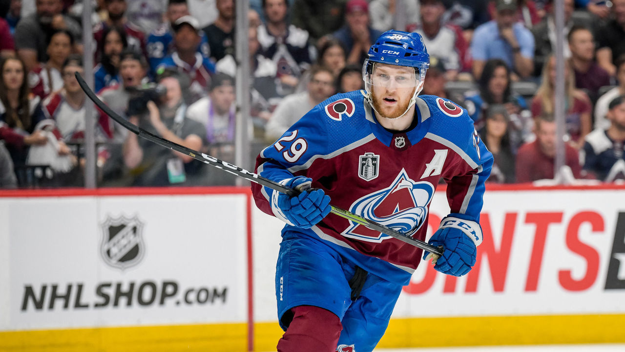 DENVER, CO - JUNE 15: Colorado Avalanche center Nathan MacKinnon (29) skates during game 1 of the Stanley Cup Finals between the Tampa Bay Lightning and the Colorado Avalanche at Ball Arena in Denver, Colorado, on June 15, 2022.