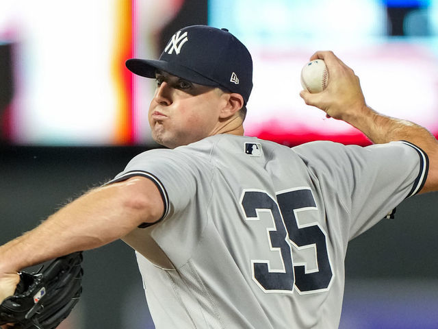 MINNEAPOLIS, MN - JUNE 09: Clay Holmes #35 of the New York Yankees pitches against the Minnesota Twins on June 9, 2022 at Target Field in Minneapolis, Minnesota.