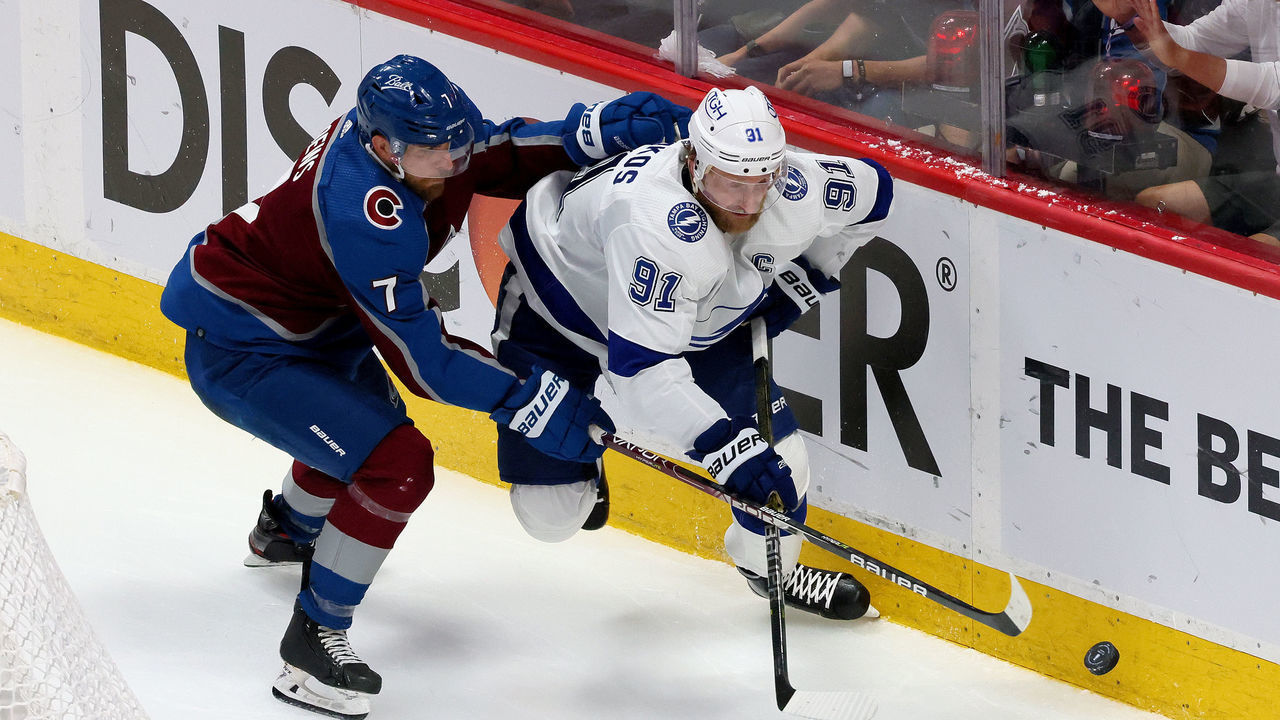 DENVER, COLORADO - JUNE 18: Steven Stamkos #91 of the Tampa Bay Lightning skates past Devon Toews #7 of the Colorado Avalanche during the third period in Game Two of the 2022 NHL Stanley Cup Final at Ball Arena on June 18, 2022 in Denver, Colorado.