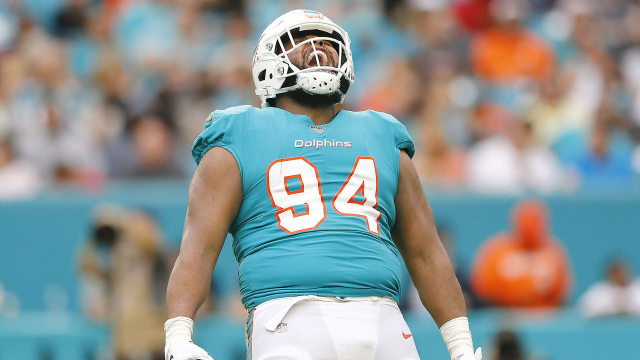 MIAMI, FLORIDA - DECEMBER 22: Christian Wilkins #94 of the Miami Dolphins celebrates after a sack against the Cincinnati Bengals during the third quarter at Hard Rock Stadium on December 22, 2019 in Miami, Florida.