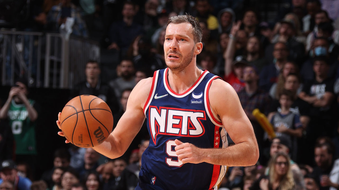 BROOKLYN, NY - APRIL 25: Goran Dragic #9 of the Brooklyn Nets dribbles the ball against the Boston Celtics during Round 1 Game 4 of the 2022 NBA Playoffs on April 25, 2022 at Barclays Center in Brooklyn, New York. Mandatory Copyright Notice: Copyright 2022 NBAE