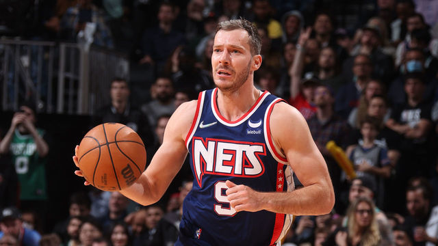BROOKLYN, NY - APRIL 25: Goran Dragic #9 of the Brooklyn Nets dribbles the ball against the Boston Celtics during Round 1 Game 4 of the 2022 NBA Playoffs on April 25, 2022 at Barclays Center in Brooklyn, New York. Mandatory Copyright Notice: Copyright 2022 NBAE