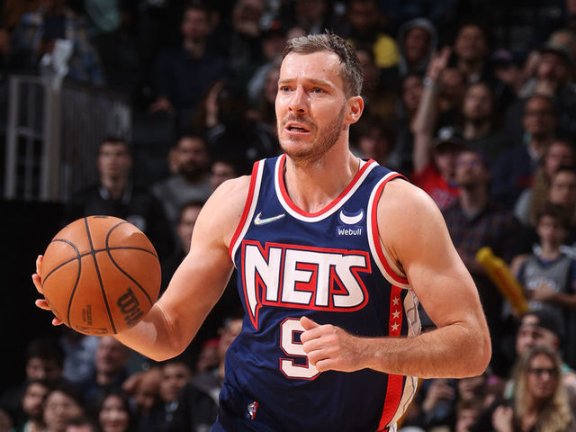 BROOKLYN, NY - APRIL 25: Goran Dragic #9 of the Brooklyn Nets dribbles the ball against the Boston Celtics during Round 1 Game 4 of the 2022 NBA Playoffs on April 25, 2022 at Barclays Center in Brooklyn, New York. Mandatory Copyright Notice: Copyright 2022 NBAE