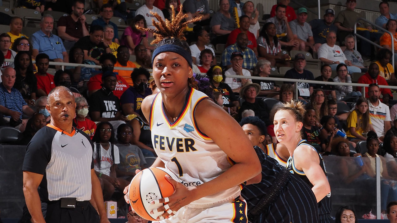 INDIANAPOLIS, IN - JUNE 19: NaLyssa Smith #1 of the Indiana Fever dribbles the ball during the game against the Chicago Sky on June 19, 2022 at Gainbridge Fieldhouse in Indianapolis, Indiana. Mandatory Copyright Notice: Copyright 2022 NBAE