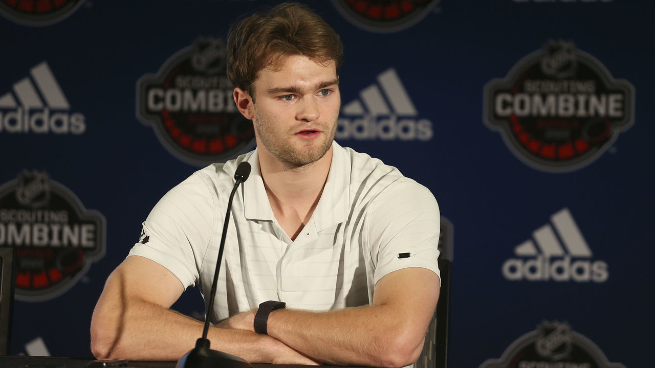 BUFFALO, NEW YORK - JUNE 03: Shane Wright speaks at the Top Prospects Media Availability at the NHL Scouting Combine at HarborCenter on June 03, 2022 in Buffalo, New York.