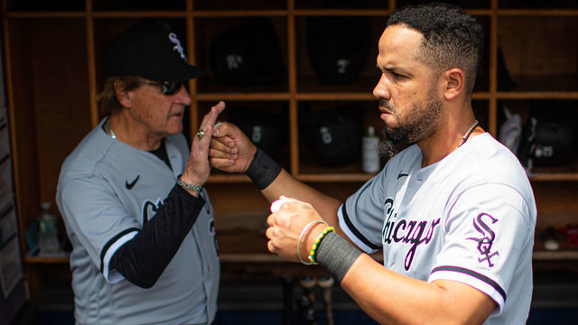 BRONX, NY - MAY 22: Jose Abreu #79 fist bumps Manager Tony La Russa #22 of the Chicago White Sox before the game between the Chicago White Sox and the New York Yankees at Yankee Stadium on Saturday, May 22, 2021 in the Bronx borough of New York City.