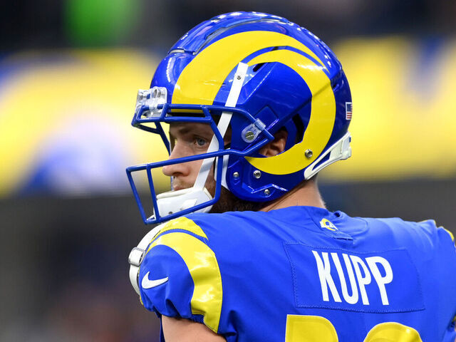 INGLEWOOD, CA - DECEMBER 21: Cooper Kupp #10 of the Los Angeles Rams warms up before the game against the Seattle Seahawks at SoFi Stadium on December 19, 2021 in Inglewood, California.