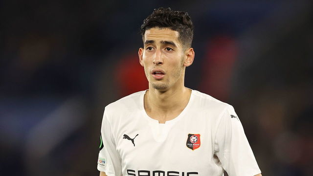 LEICESTER, ENGLAND - MARCH 10: Nayef Aguerd of Stade Rennais FC during the UEFA Conference League Round of 16 Leg One match between Leicester City and Stade Rennes at Leicester City Stadium on March 10, 2022 in Leicester, United Kingdom.