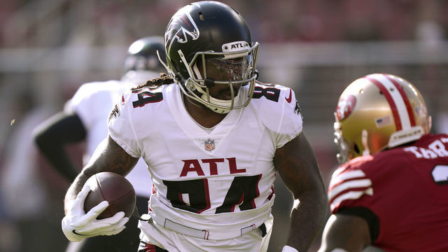 SANTA CLARA, CALIFORNIA - DECEMBER 19: Cordarrelle Patterson #84 of the Atlanta Falcons carries the ball against the San Francisco 49ers during the first quarter at Levi's Stadium on December 19, 2021 in Santa Clara, California.