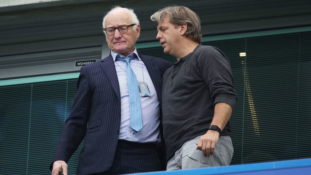 LONDON, ENGLAND - MAY 07: Todd Boehly (right), prospective buyer of Chelsea FC speaks to Bruce Buck, Chairperson of Chelsea during the Premier League match between Chelsea and Wolverhampton Wanderers at Stamford Bridge on May 07, 2022 in London, England.