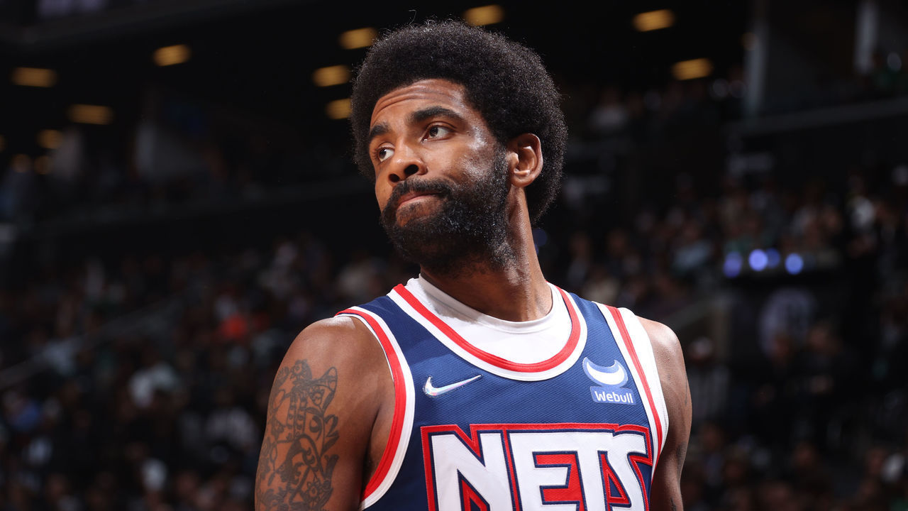 BROOKLYN, NY - APRIL 25: Kyrie Irving #11 of the Brooklyn Nets looks on during Round 1 Game 4 of the 2022 NBA Playoffs on April 25, 2022 at Barclays Center in Brooklyn, New York. Mandatory Copyright Notice: Copyright 2022 NBAE
