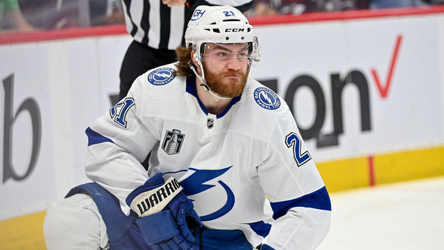 DENVER, CO - JUNE 15: Tampa Bay Lightning center Brayden Point (21) reacts after drawing a penalty after taking a stick to the face during a Stanley Cup Finals game between the Tampa Bay Lightning and the Colorado Avalanche at Ball Arena in Denver, Colorado on June 15, 2022.