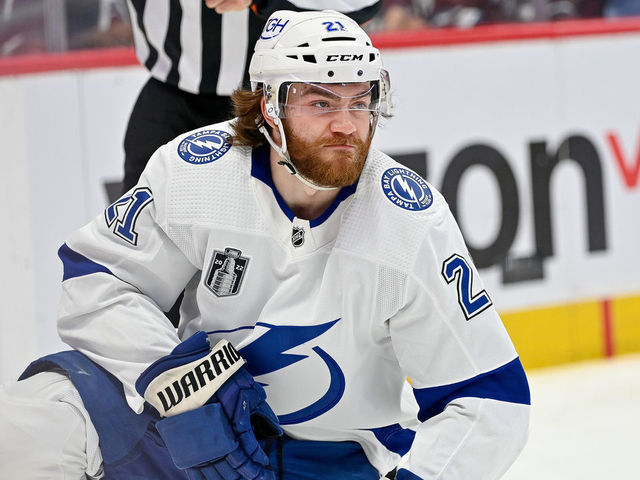 DENVER, CO - JUNE 15: Tampa Bay Lightning center Brayden Point (21) reacts after drawing a penalty after taking a stick to the face during a Stanley Cup Finals game between the Tampa Bay Lightning and the Colorado Avalanche at Ball Arena in Denver, Colorado on June 15, 2022.