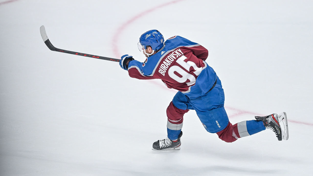 DENVER, CO - JUNE 18: Colorado Avalanche left wing Andre Burakovsky (95) shoots during the Stanley Cup Finals game 2 between the Tampa Bay Lightning and the Colorado Avalanche at Ball Arena in Denver, Colorado on June 18, 2022.