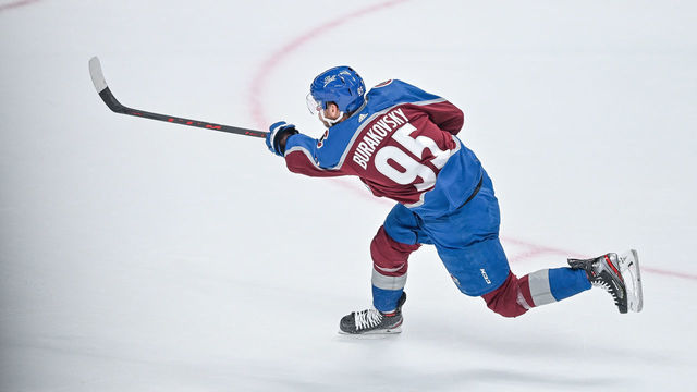 DENVER, CO - JUNE 18: Colorado Avalanche left wing Andre Burakovsky (95) shoots during the Stanley Cup Finals game 2 between the Tampa Bay Lightning and the Colorado Avalanche at Ball Arena in Denver, Colorado on June 18, 2022.