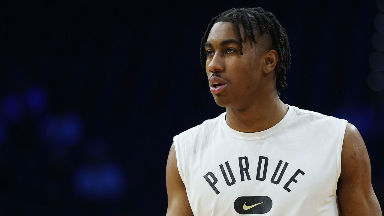 PHILADELPHIA, PENNSYLVANIA - MARCH 25: Jaden Ivey #23 of the Purdue Boilermakers looks on before the game against the St. Peter's Peacocks in the Sweet Sixteen round game of the 2022 NCAA Men's Basketball Tournament at Wells Fargo Center on March 25, 2022 in Philadelphia, Pennsylvania.