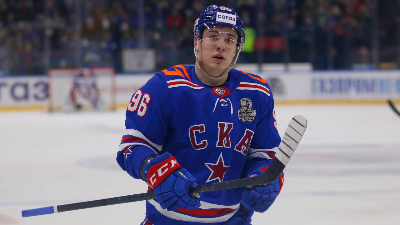 SAINT PETERSBURG, RUSSIA - 2022/04/02: SKA Hockey Club player, Andrei Kuzmenko (No.96) seen in action during the Kontinental Hockey League, Gagarin Cup, KHL 2021/22 between SKA Saint Petersburg and CSKA Moscow at the Ice Sports Palace. (Final score; SKA Saint Petersburg 1:3 CSKA Moscow).