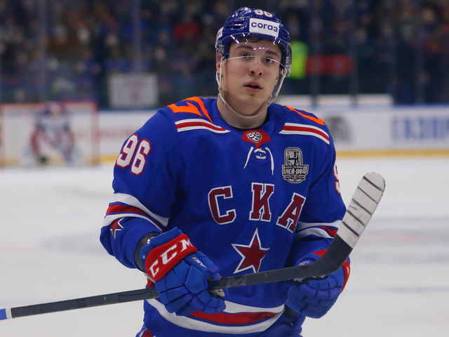 SAINT PETERSBURG, RUSSIA - 2022/04/02: SKA Hockey Club player, Andrei Kuzmenko (No.96) seen in action during the Kontinental Hockey League, Gagarin Cup, KHL 2021/22 between SKA Saint Petersburg and CSKA Moscow at the Ice Sports Palace. (Final score; SKA Saint Petersburg 1:3 CSKA Moscow).