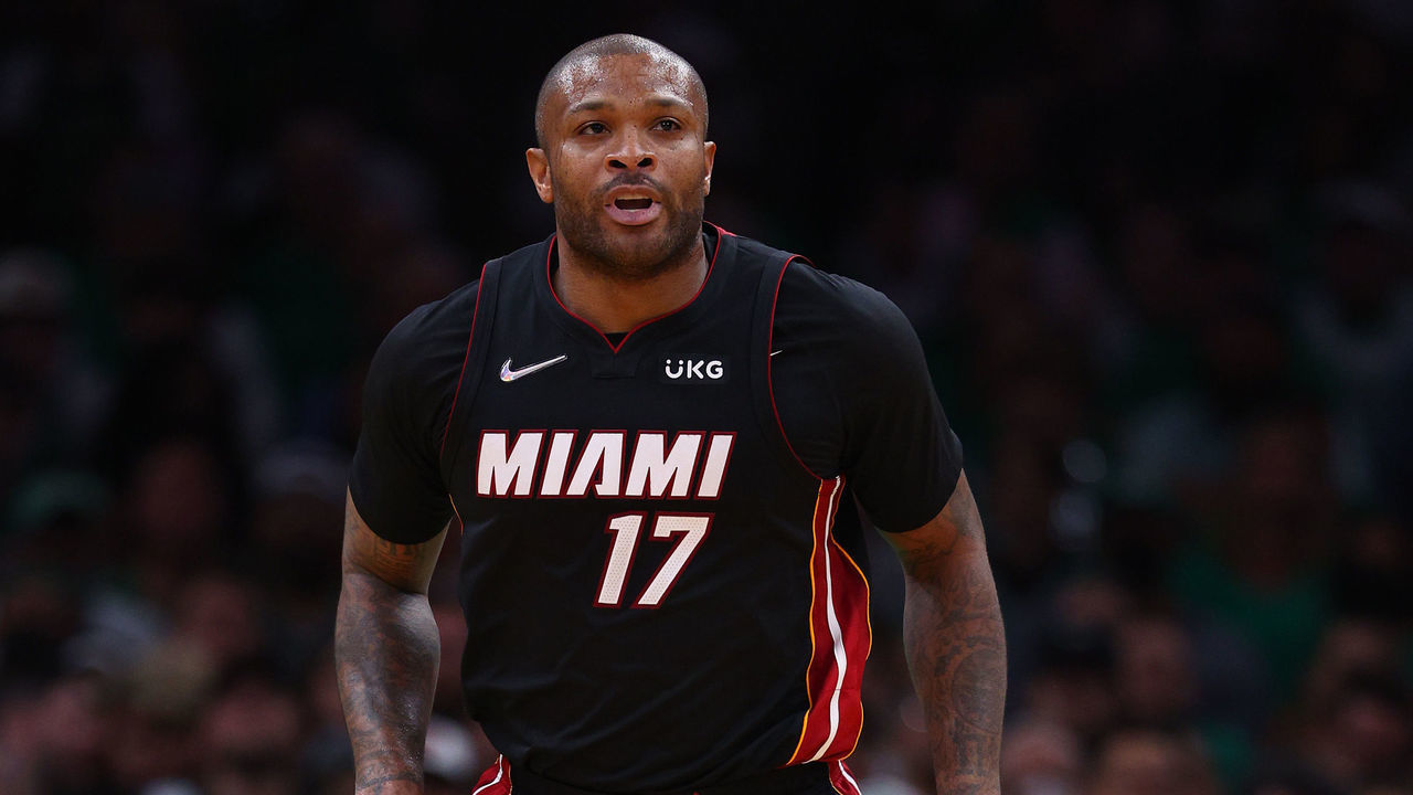 BOSTON, MASSACHUSETTS - MAY 21: P.J. Tucker #17 of the Miami Heat reacts in the first quarter against the Boston Celtics in Game Three of the 2022 NBA Playoffs Eastern Conference Finals at TD Garden on May 21, 2022 in Boston, Massachusetts. NOTE TO USER: User expressly acknowledges and agrees that, by downloading and/or using this photograph, User is consenting to the terms and conditions of the Getty Images License Agreement.
