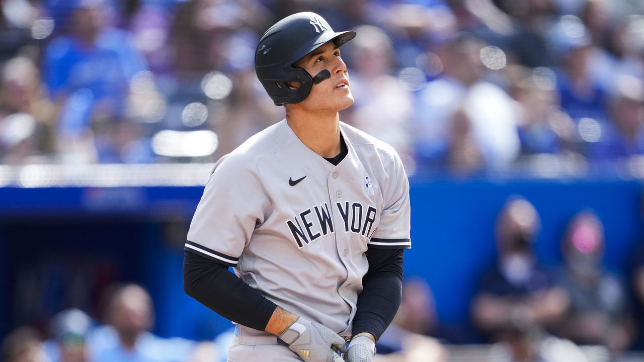 TORONTO, ON - JUNE 19: Anthony Rizzo #48 of the New York Yankees hits a home run against the Toronto Blue Jays in the eight hinning during their MLB game at the Rogers Centre on June 19, 2022 in Toronto, Ontario, Canada.