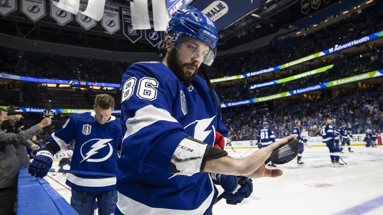 TAMPA, FL - JUNE 20: Nikita Kucherov #86 of the Tampa Bay Lightning gets ready for the game against the Colorado Avalanche before Game Three of the 2022 Stanley Cup Final at Amalie Arena on June 20, 2022 in Tampa, Florida.